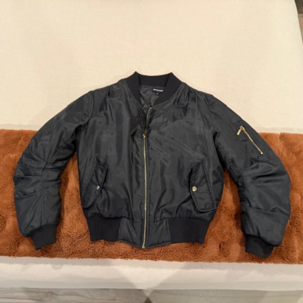 PrettyLittleThings Black Ruched Sleeve Bomber Jacket - Size M
